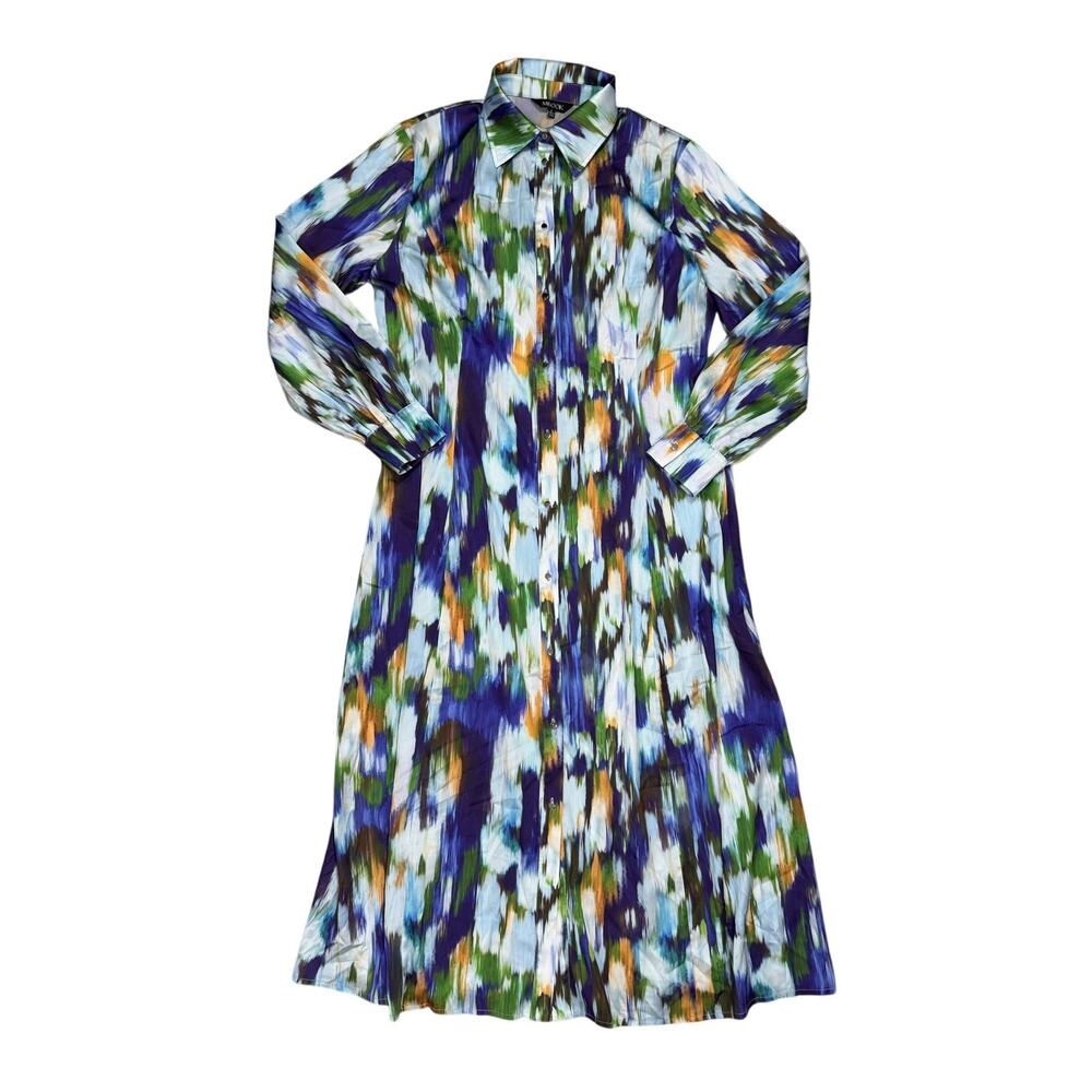 Misook Shirt Dress S Watercolor Long Sleeve Button Front Abstract Print Midi